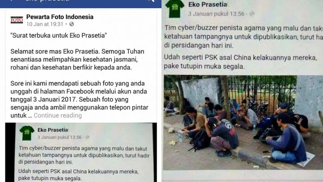 Seorang pengguna Facebook dengan akun Eko Prasetia mengunggah foto dengan tulisan berisi fitnah yang menyudutkan para pewarta foto.