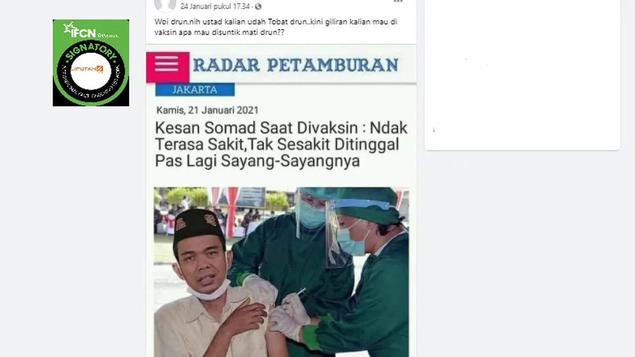 Cek Fakta Liputan6.com menelusuri klaim foto Ustaz Abdul Somad Divaksin