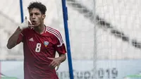 Striker United Arab Emirates, Ali Saleh, merayakan gol yang dicetaknya ke gawang Chinese Taipei pada laga AFC U-19 Championship di SUGBK, Jakarta, Minggu (21/10). UAE berhasil mengalahkan Taipei. (Bola.com/Vitalis Yogi Trisna)