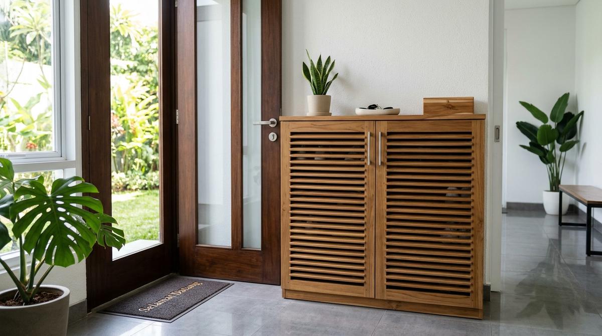 Model Rak Sepatu Berventilasi di Area Pintu Masuk Rumah (AI Generated)