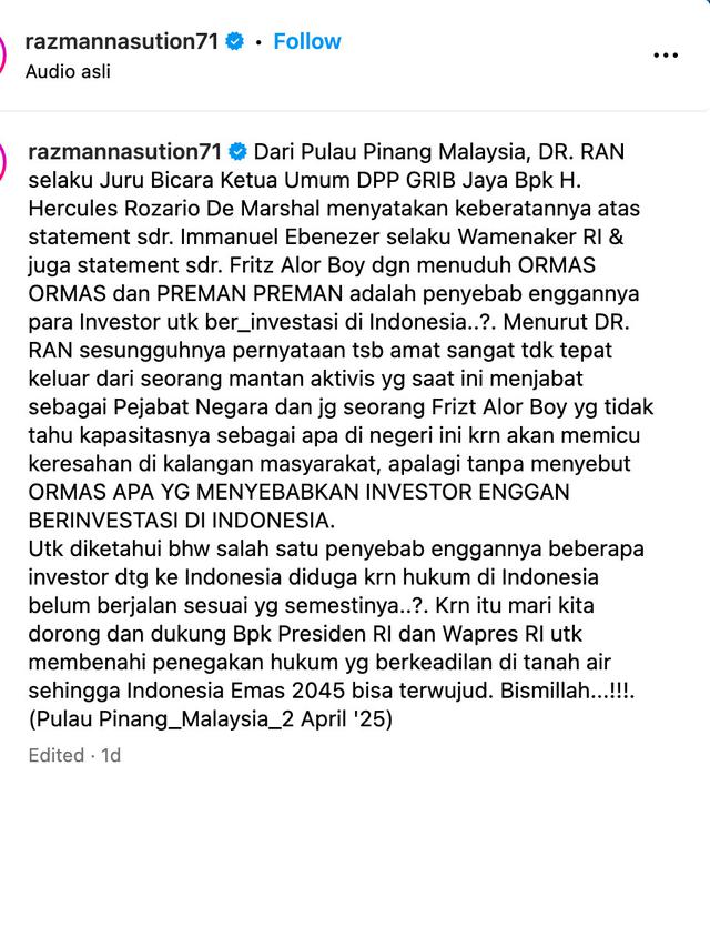 Unggahan Razman Nasution. (Foto: Dok. Instagram @razmannasution71)