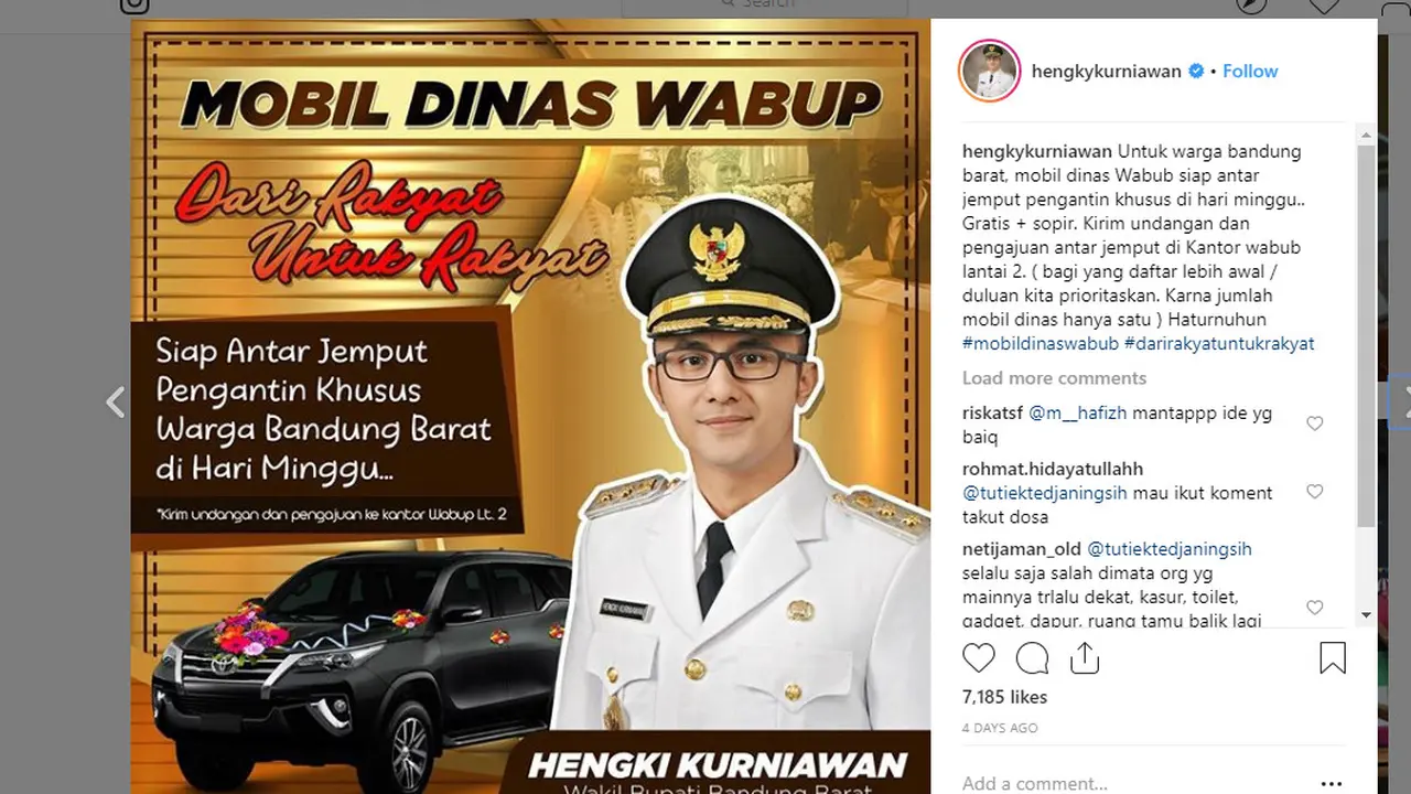 Gratis, Mobil Wakil Bupati Bisa Antar Jemput Pengantin