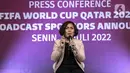 Direktur SCM Harsiwi Achmad menyampaikan keterangan pers terkait SCM Broadcast Sponsors Announcement Piala Dunia 2022 di Jakarta, Senin (18/7/2022). (Liputan6.com/Johan Tallo)