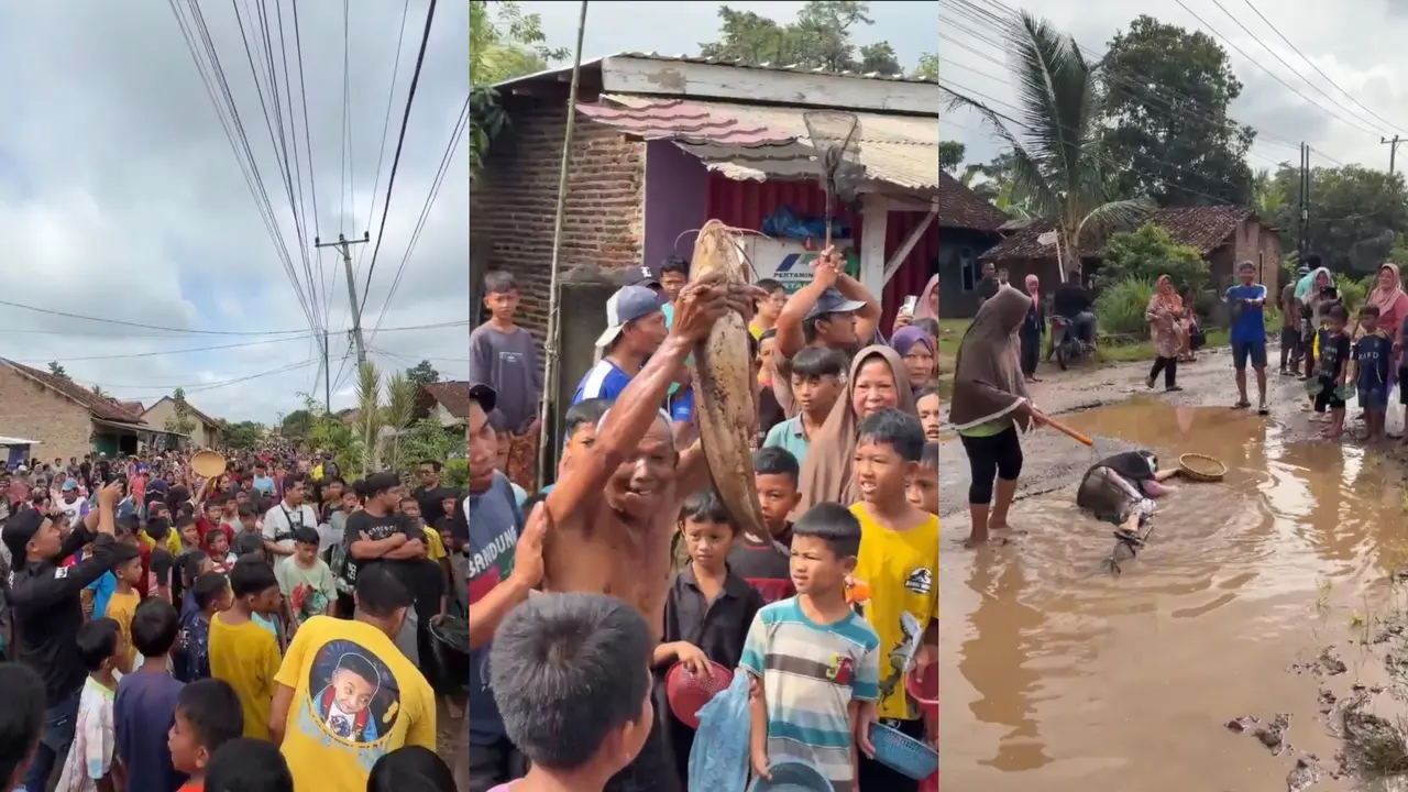 Tangkapan layar rekaman video viral warga gelar aksi tebar lele di jalan berlubang sebagai ungkapan protes kepada pemerintah Lampung Selatan (Istimewa)
