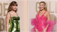 Taylor Swift dan Margot Robbie menghadiri Golden Globes ke-81 di The Beverly Hilton di Beverly Hills, California, Amerika Serikat, 7 Januari 2024. (Amy Sussman/Getty Images/AFP)