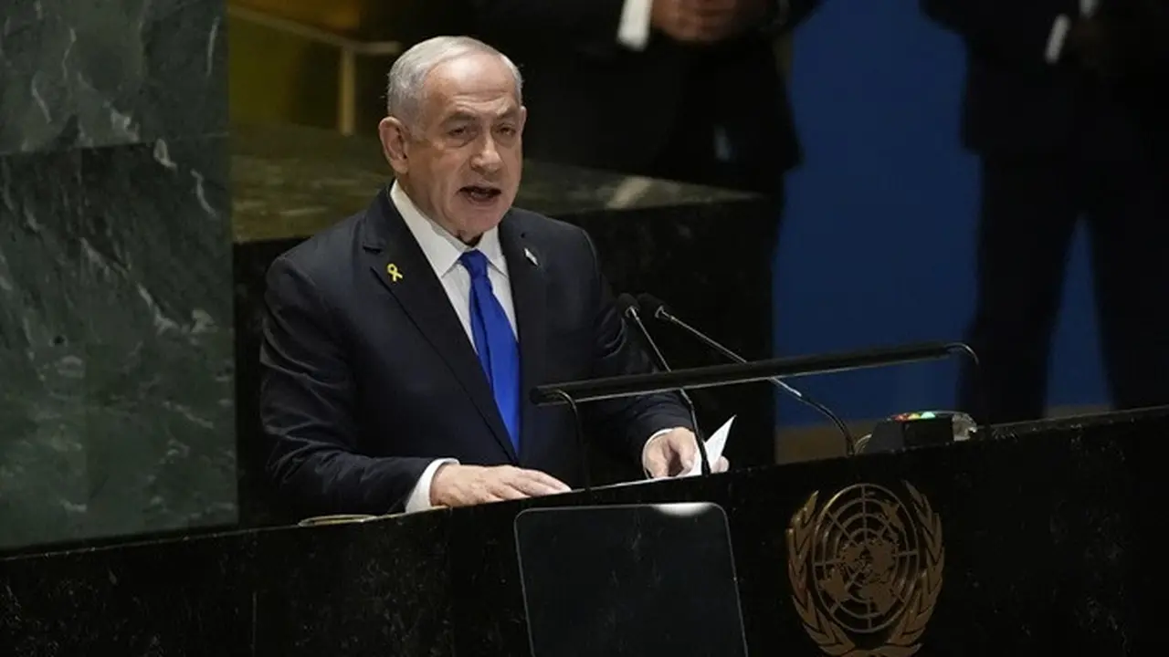 PM Israel Benjamin Netanyahu di mimbar Sidang ke-79 Majelis Umum PBB pada Jumat (27/9/2024).