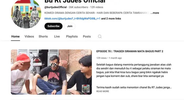 Laman kanal YouTube Bu RT Judes di YouTube. (Foto: Dok. YouTube @burtjudesOfficial)