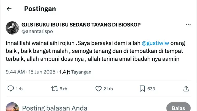 Cuitan Ananta Rispo mengabasrkan Gustiwiw meninggal dunia. (Foto: Dok. Twitter @anantarispo)
