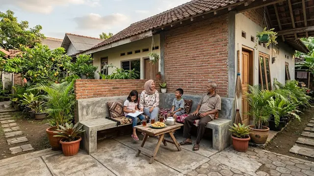 Desain Area Santai Permanen dari Semen dan Bata Ekspos yang Cocok untuk Family Time Model Bata Ekspos dengan Latar