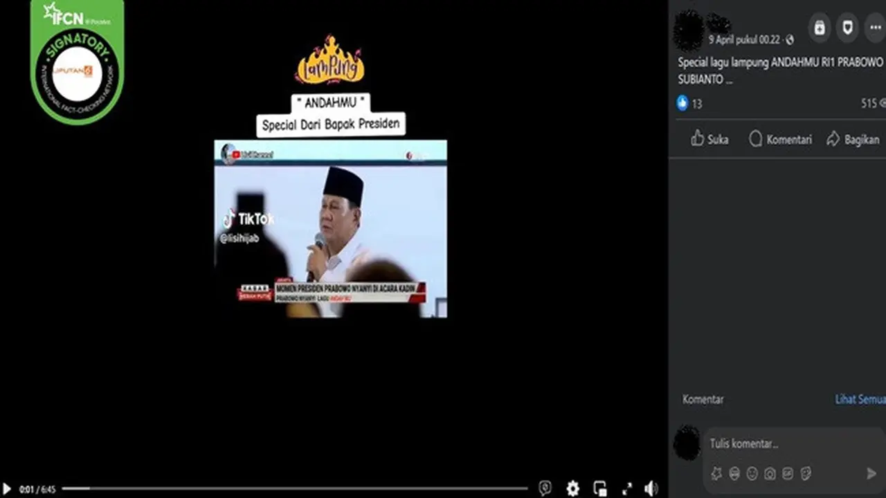 Gambar tangkapan layar video yang diklaim Presiden Prabowo Subianto menyanyikan lagu asal Lampung berjudul "Andahmu". (sumber: Facebook)