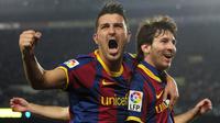 Sejak didatangkan dari Valencia pada tahun 2010, David Villa langsung nyetel bersama Lionel Messi di lini depan Blaugrana. Villa tercatat tampil sebanyak 199 kali dengan mencetak 48 gol, dimana 25 persen (12) golnya merupakan assist dari Lionel Messi. (AFP/Josep Lago)