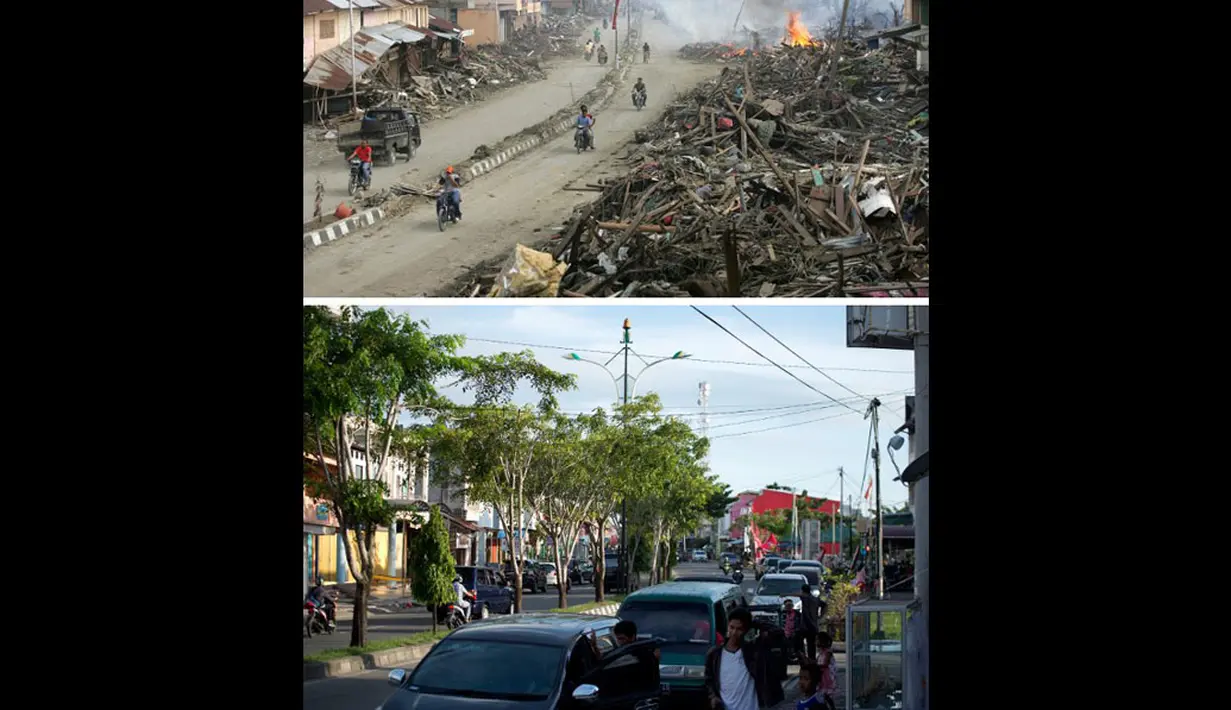 File foto (atas) diambil pada 9 Januari 2005 jalan dibersihkan dari tumpukan puing-puing di kedua sisi, di Meulaboh, Aceh. Foto di lokasi yang sama diambil pada 29 November 2014. (AFP PHOTO/PHILIPPE DESMAZES-atas, AFP PHOTO/Bay Ismoyo-bawah)