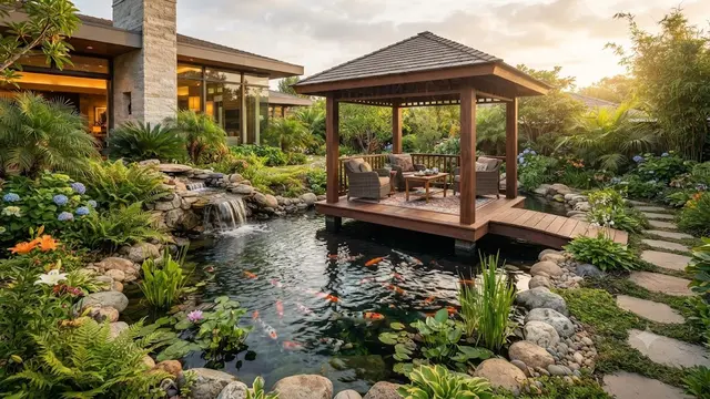 Desain Sudut Rumah yang Menggabungkan Kolam Ikan, Taman, dan Gazebo Kecil