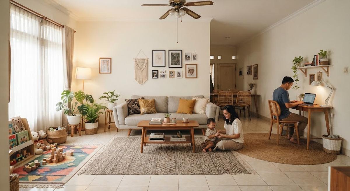 Dekorasi rumah kontrakan tanpa merusak dinding yang cocok buat keluarga muda model menggunakan karpet untuk membentuk ruang