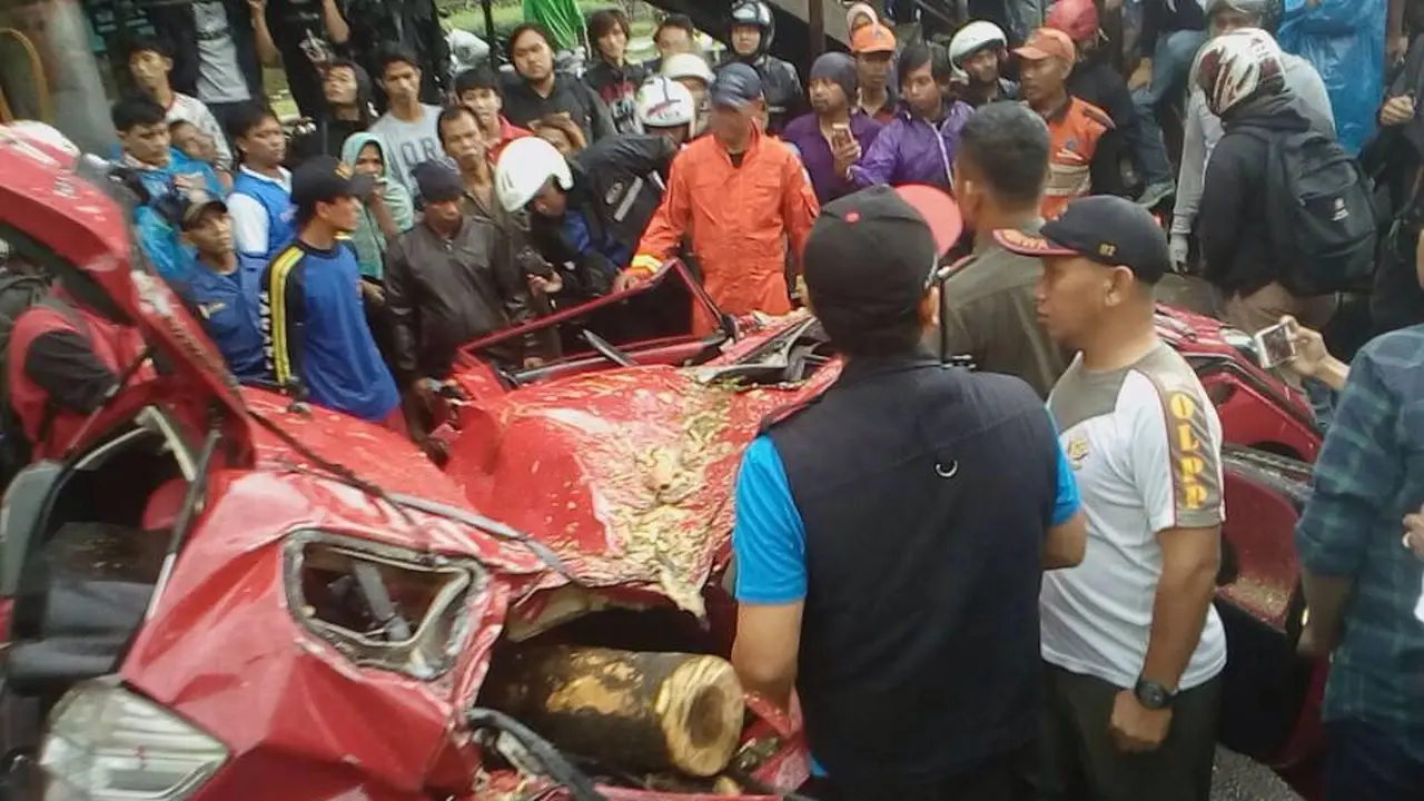 Mobil Honda Jazz merah bernomor polisi D 1618 AAU ringsek setelah tertimpa pohon tumbang di dekat Fly Over UI, depan Halte Universitas Indonesia.