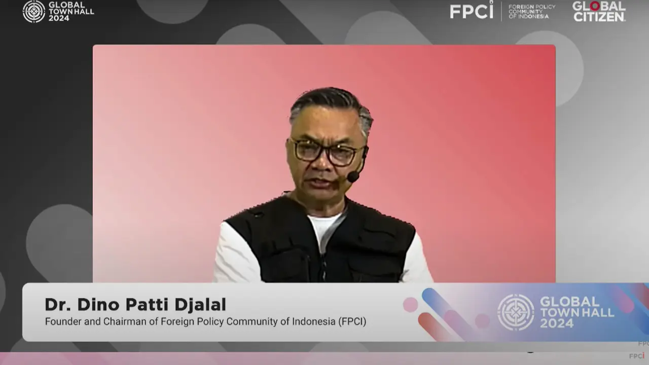 Founder FPCI Dino Patti Djalal membuka diskusi virtual Global Town Hall 2024, Sabtu (7/9/2024). (Tangkapan layar)