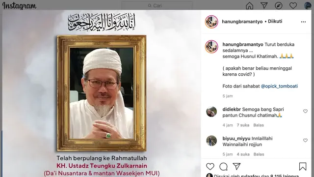 Kabar ustaz Tengku Zulkarnain meninggal dunia diunggah Hanung Bramantyo. (Foto: Instagram @hanungbramantyo)