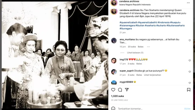 Unggahan akun @cendana.archive terkait pertemuan Ibu Tien Soeharto dan Ratu Elizabeth II. (Foto: Dok. Instagram @cendana.archives)