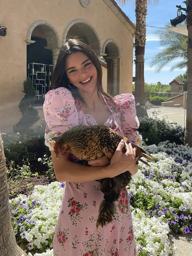 Kendall Jenner menggunakan dress pink dan berpose dengan membawa ayam/dok. Instagram @kendalljenner