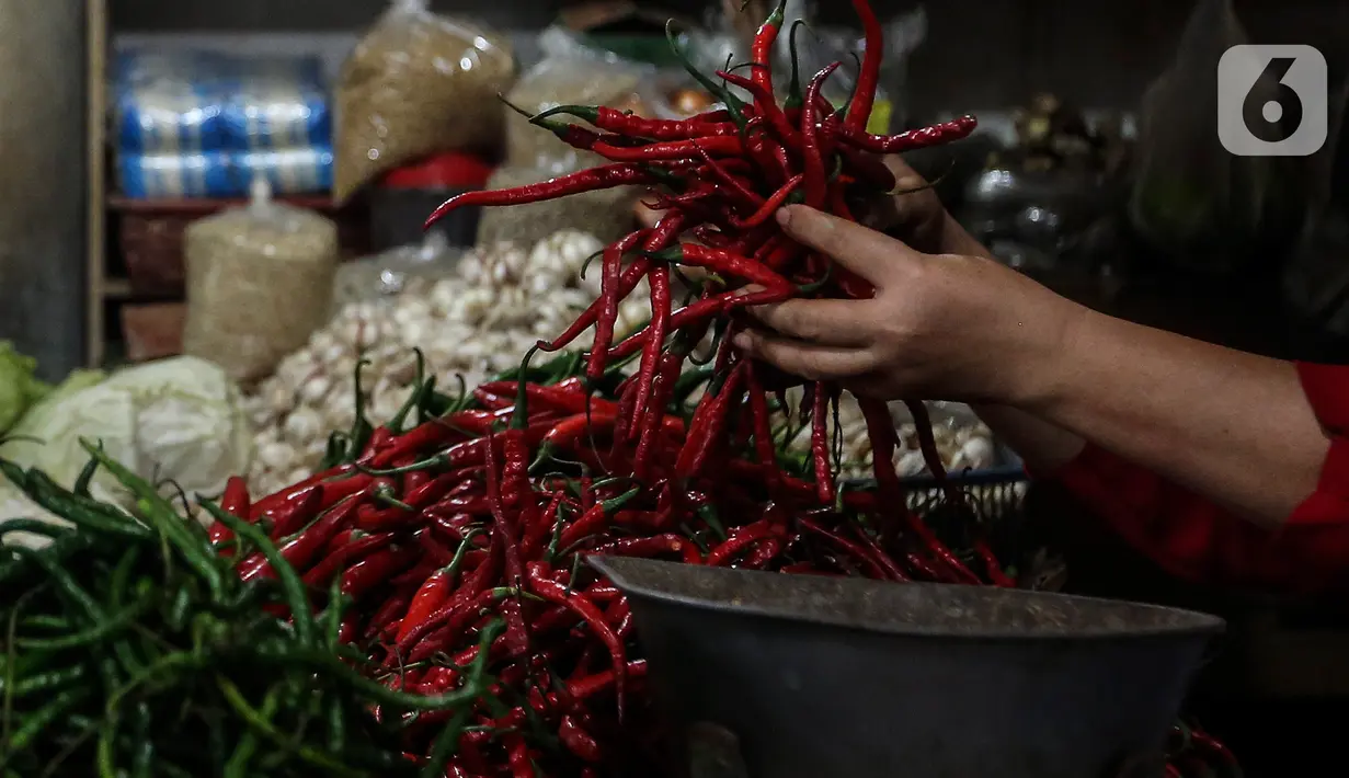 Pedagang menimbang cabai di Pasar Tebet Timur, Jakarta, Senin (4/1/2021). Selama tahun 2020 atau Januari hingga Desember terjadi inflasi sebesar 1,68 persen atau terjadi kenaikan indeks dari 103,93 pada Desember 2019 menjadi 105,68 pada Desember 2020. (Liputan6.com/Johan Tallo)