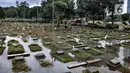 Kondisi Taman Pemakaman Umum (TPU) Karet Bivak, Jakarta, saat terendam banjir, Minggu (7/2/2021). Hujan deras yang mengguyur sejak Minggu dinihari menyebabkan tiga blok di kompleks pemakaman TPU Karet Bivak terendam banjir hingga ketinggian mencapai 30 sentimeter. (merdeka.com/Iqbal Nugroho)