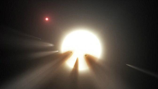 Ilustrasi cahaya dari bintang KIC 8462852 yang terhalang oleh beberapa benda angkasa luar (NASA)