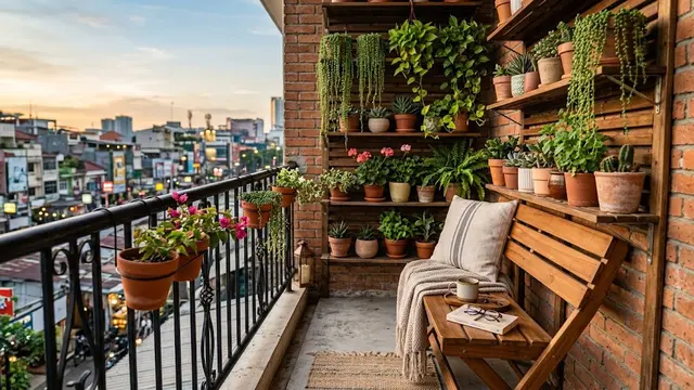 Desain Balkon Sempit dengan Rak Tanaman dan Bangku Lipat