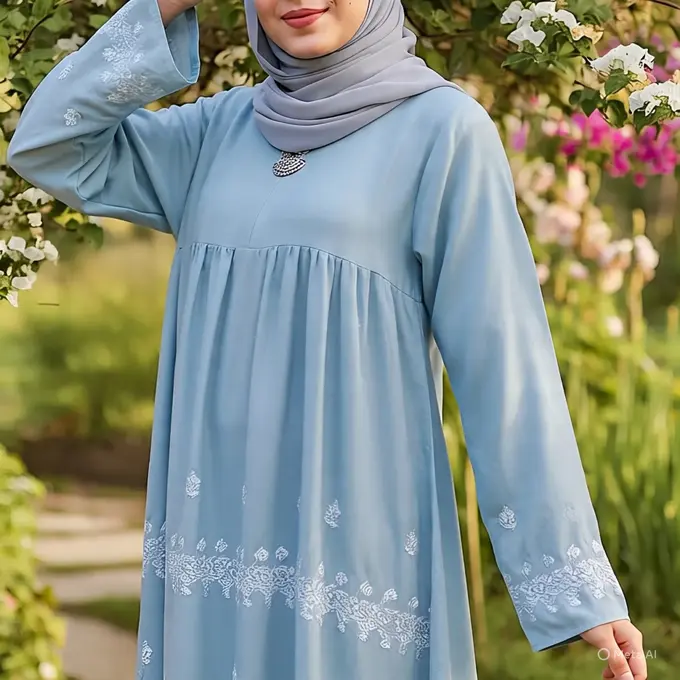 Ilustrasi Muslimah memakai dress longgar (Created by Meta AI)