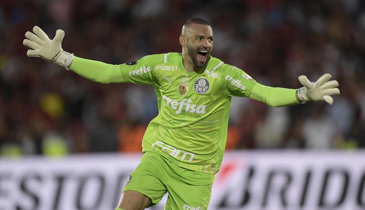 Weverton. Kiper berusia 34 tahun ini kini tengah menjalani musim ke-5 bersama Palmeiras di Liga Serie A Brasil sejak didatangkan dari Atletico Paranaense pada Januari 2018 dengan nilai transfer 500 ribu euro. Pada musim 2022 ini ia telah tampil dalam 34 laga di Liga Serie A dengan torehan 16 kali clean sheet dan hanya kebobolan 24 gol. Di Piala Dunia 2022 nanti ia akan diplot sebagai kiper ketiga setelah Alisson Becker dan Ederson Moraes. Hingga kini ia telah mengoleksi 8 caps bersama Tim Samba sejak melakukan debut pada 26 Januari 2017. (AFP/Juan Mabromata)