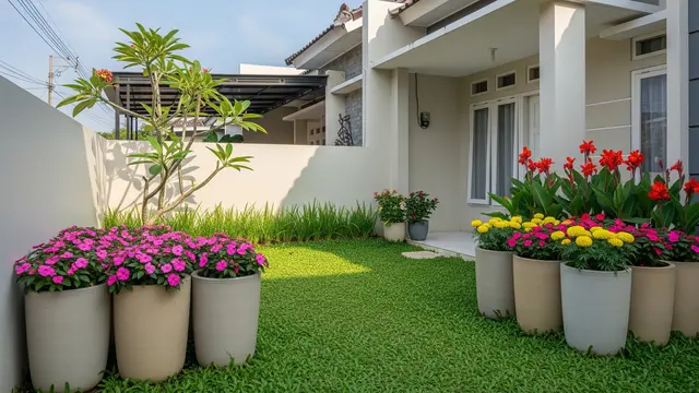 Taman Minimalis Rumput dan Pot Teratur
