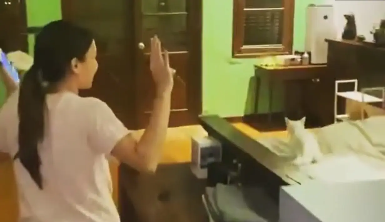 Seorang perempuan masuk kamar dan menyalakan lampu. Dibelakangnya tampak seorang yang membawa kue ulang tahun dan lilin yang masih menyala. [Instagram/bu_deedee]