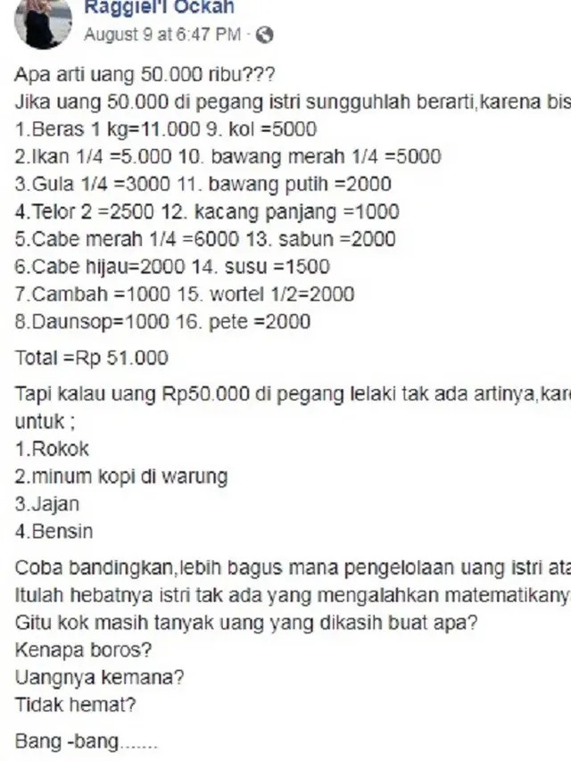 unggahan wanita soal belanjaan ini jadi viral (foto: facebook Raggiel'l Ockah)
