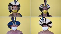 Pemimpin dan ketua kelompok etnis Pataxo Hahahae, Angoho (kiri atas), Hayo (kanan atas) dan anggota kelompok etnis Pataxo Hahahae, Juari (kiri bawah), Hatxotxay (kanan bawah) mengenakan masker saat difoto di Vila Vitoria favela di Belo Horizonte, Brasil (8/7/2020). (AFP/Douglas Magno)