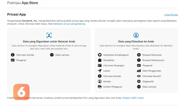 Data pengguna yang diakses aplikasi Facebook