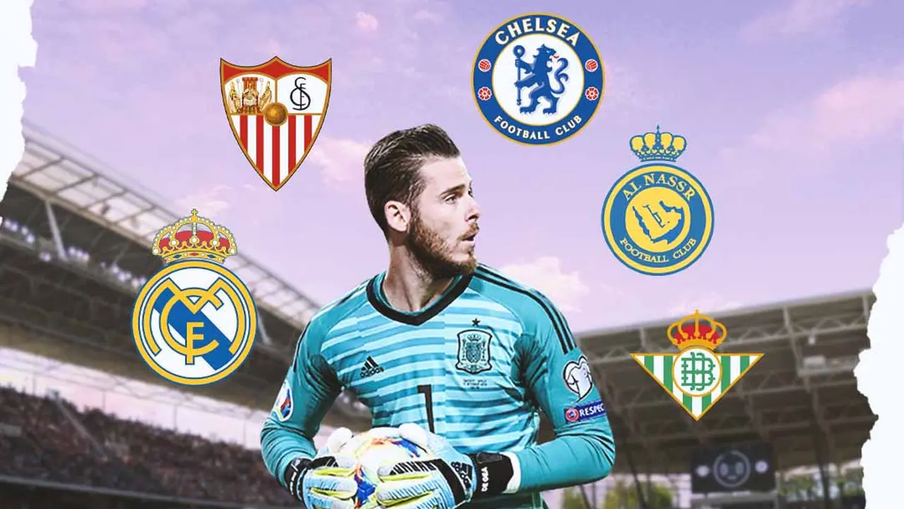 Ilustrasi - David De Gea dikelilingi logo Real Madrid, Sevilla, Chelsea, Al Nassr, Real Betis