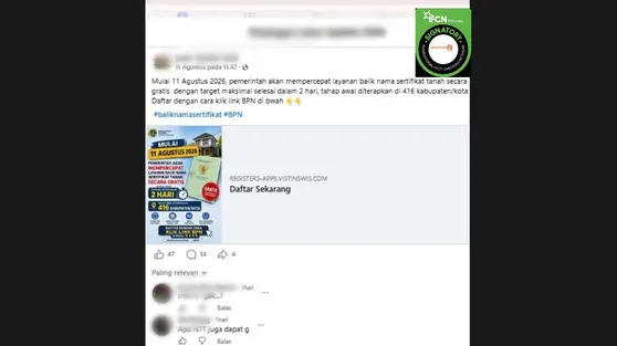 Cek Fakta: Hoaks Link Pendaftaran Balik Nama Sertifikat Tanah Gratis
