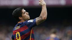 Penyerang Barcelona, Luis Suarez merayakan golnya ke gawang Espanyol, Luis mencetak dua gol pada lanjutan La Liga Spanyol pekan ke-37 di Stadion Camp Nou, (8/5/2016). (REUTERS/Albert Gea)