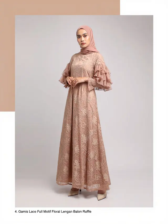 Gamis Brokat Lengan Balon Motif Floral