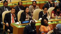 Wakil Presiden Jusuf Kalla didamping Menko PMK Puan Maharani dan Menlu Retno Marsudi menghadiri pembukaan Sidang Umum PBB di New York, Amerika Serikat, Selasa (19/9) waktu AS. (Liputan6.com/Tim Media Wapres)