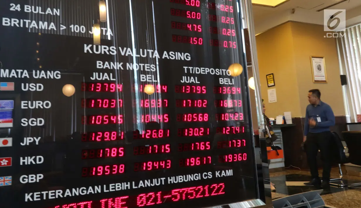 Tabel data kurs valuta asing yang berada di Bank BUMN, Jakarta, Selasa (17/4). Mengacu data Bloomberg, rupiah siang ini pukul 12.00 WIB di pasar spot exchange sebesar Rp 13.775 per dolar AS atau menguat 4,7 poin. (Liputan6.com/Angga Yuniar)