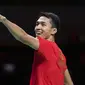 Tim bulutangkis Indonesia berhasil melaju ke babak final Piala Thomas 2020 usai mengalahkan Denmark dengan skor 3-1. Titik balik kemenangan Indonseia ada ditangan Jonatan Christie yang dengan susah payah menaklukan Anders Antonsen. (AP via Ritzau Scanpix/Claus Fisker)