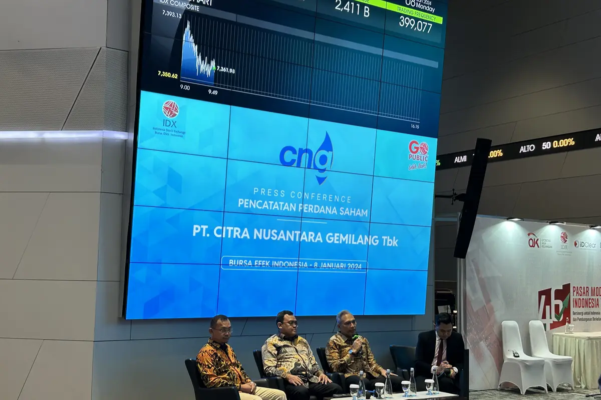 Pencatatan perdana saham PT Citra Nusantara Gemilang Tbk (CGAS) pada Senin, 8 Januari 2024. (Foto: Liputan6.com/Elga N)