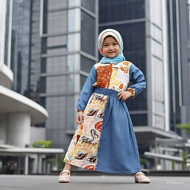 Contoh gamis untuk anak-anak model kombinasi denim dan katun/Gambar Meta AI