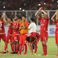 Pemain Persija merayakan kemenangan atas Arema FC pada lanjutan Go-Jek Liga 1 Indonesia 2018 bersama Bukalapak di Stadion GBK Jakarta, Sabtu (31/3). Persija unggul 3-1. (Liputan6.com/Helmi Fithriansyah)