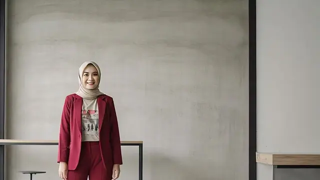 Kombinasi outfit atasan kaus grafis warna netral dan celana merah untuk kesan ramah dan elegan/Nurul Diva Kautsar via Meta AI