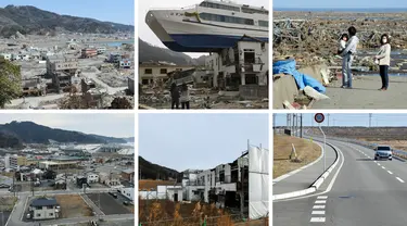 Foto kombinasi kondisi porak-poranda wilayah pesisir Jepang setelah dihantam tsunami pada 11 Maret 2011 (atas) dan kondisi lokasi yang sama 10 tahun kemudian (bawah). Tepat hari ini 10 tahun lalu, gelombang tsunami akibat gempa berkekuatan magnitudo 9,0 menyapu wilayah pesisir Jepang. (AFP Photo)