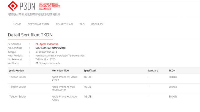 Sertifikat TKDN iPhone XS, iPhone XS Max, iPhone XR (Liputan6.com/ Agustin Setyo W)