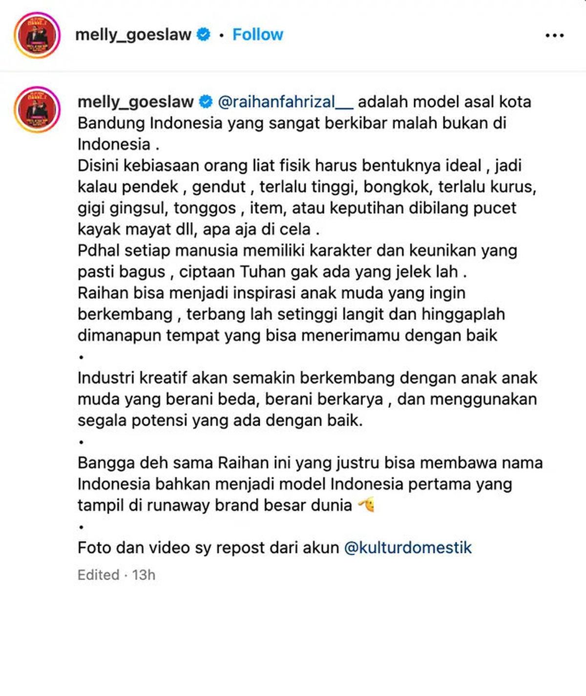 Viral Raihan Fahrizal Ditolak di Indonesia Kini Jadi Model Louis Vuitton, Melly Goeslaw Mengkritik Pedas
