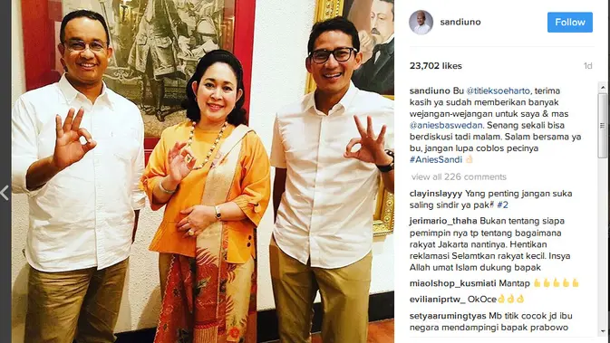 Anies, Titiek Soeharto dan Sandiaga Uno (Instagram Sandiuno)