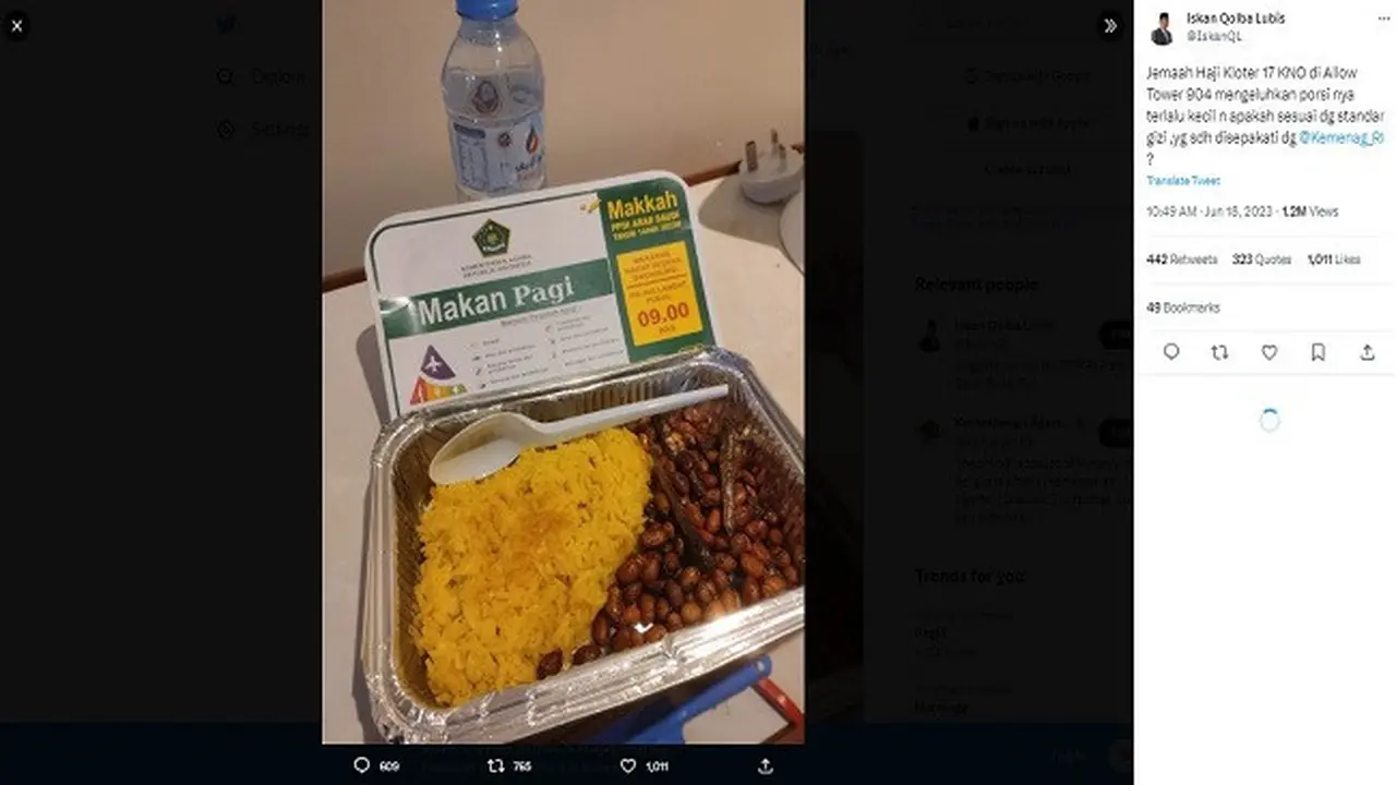 Gambar Tangkapan Layar Menu Sarapan Jemaah Haji yang Diunggah Akun Twitter @IskanQL.